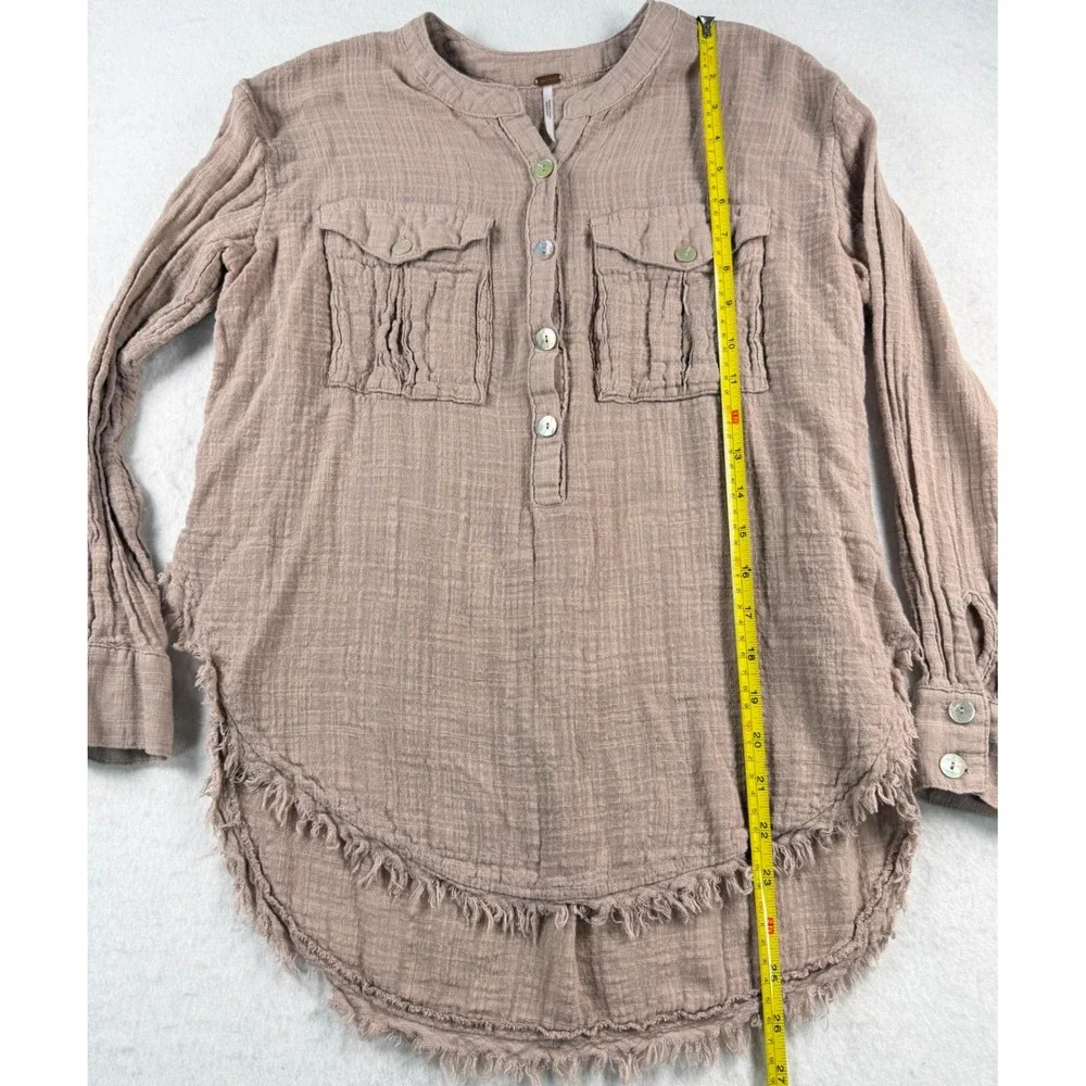 Free People Talk To Me Dusty Rose Gauze Button Up Utility Shirt XS Frayed Hem